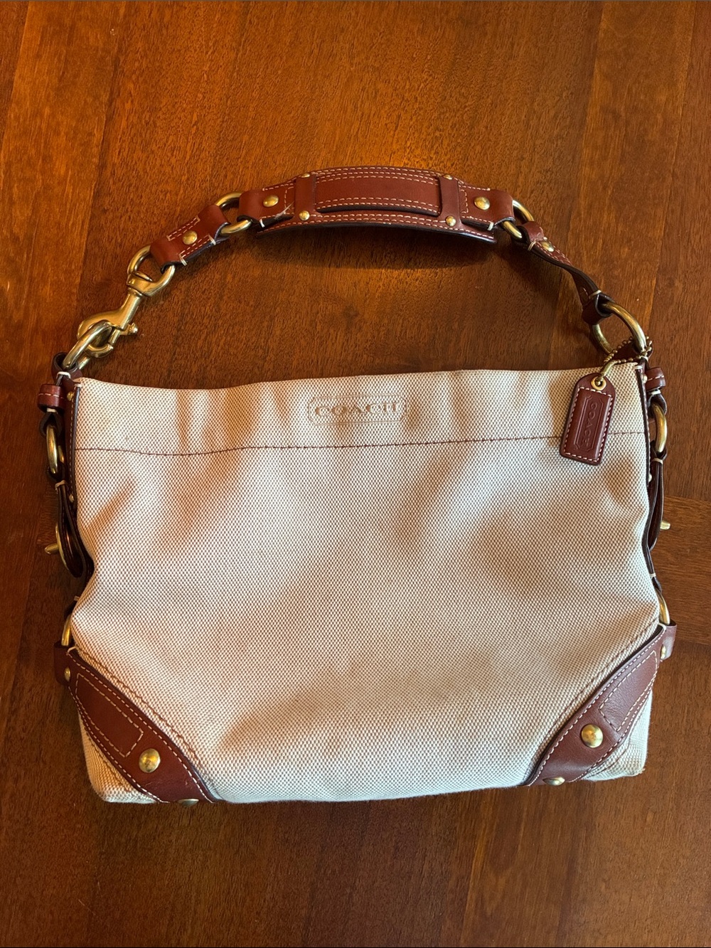 Coach 10448 vintage Carly Beige Canvas Shoulder Bag Brown Leather Trim y2k